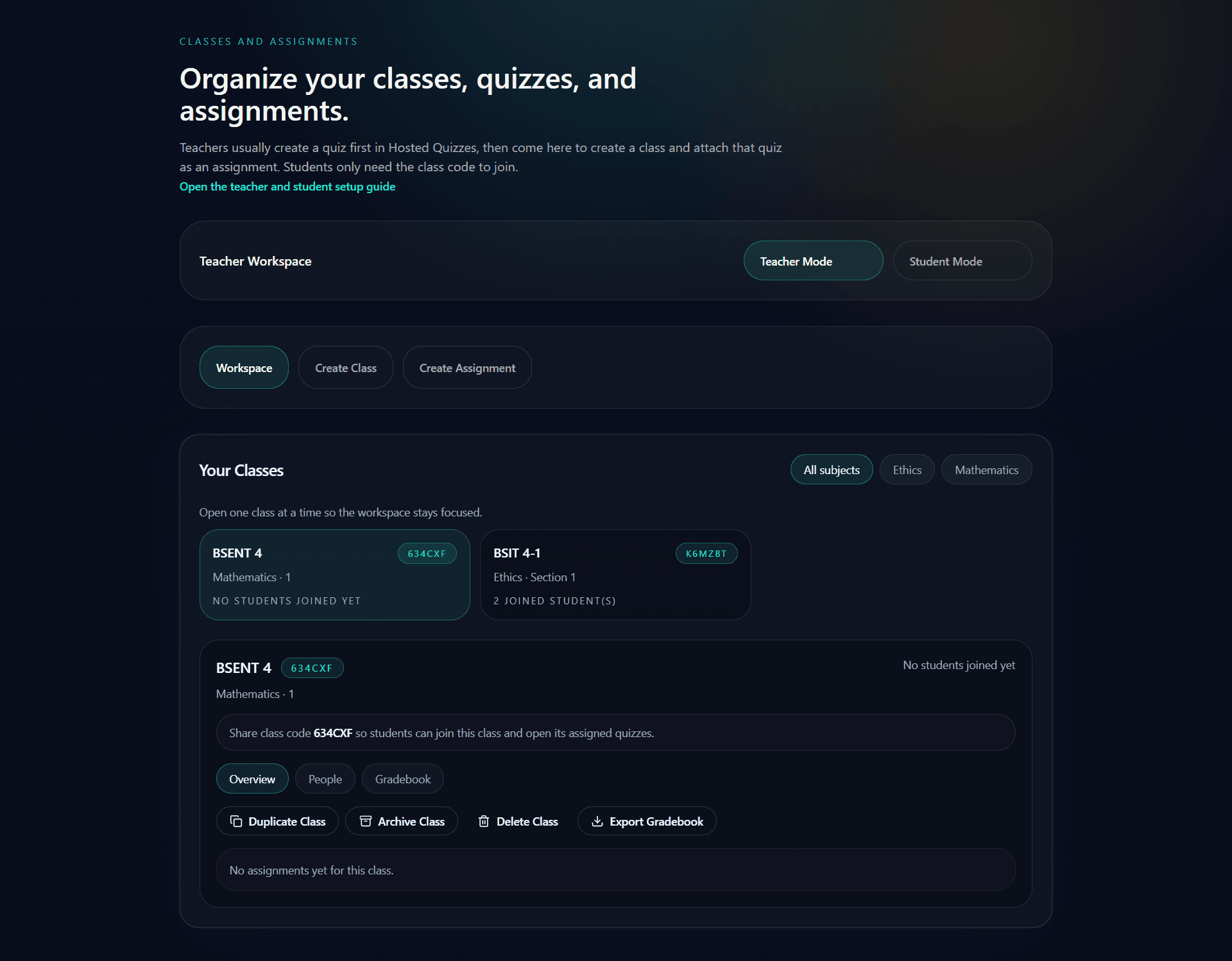 StudyNova classroom workspace showing hosted quizzes, assignments, and class management
